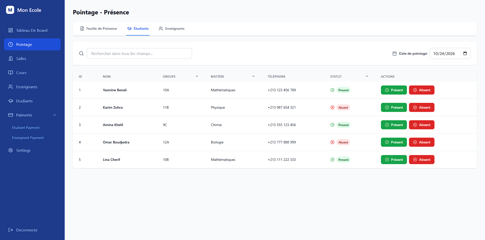 Mon École school management dashboard showing attendance, courses, and financial analytics